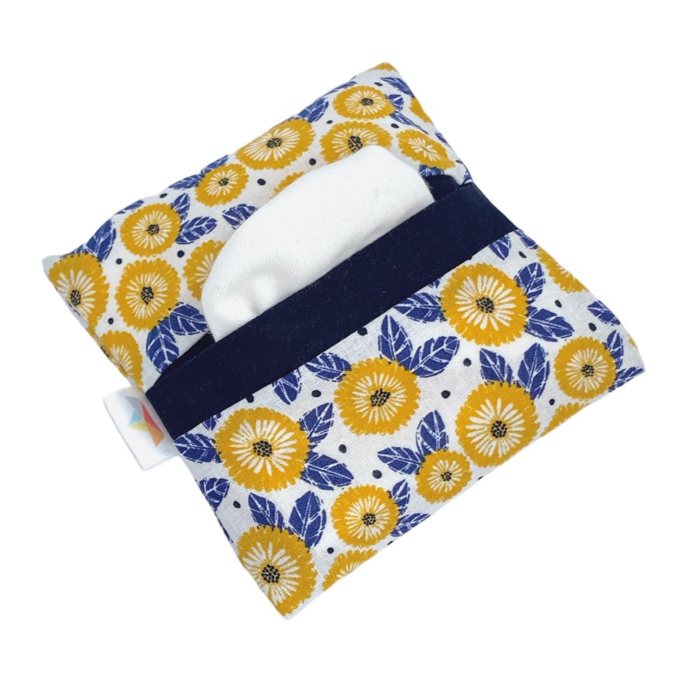 Pochette mouchoirs avec fleurs jaune et feuilles bleues