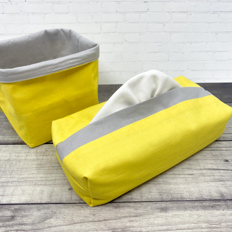 Boite et panier en tissu jaune pour ranger 24 mouchoirs lavables