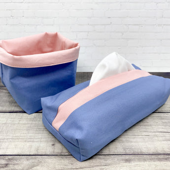 Boite et panier en tissu bleu et rose pour ranger 24 mouchoirs lavables